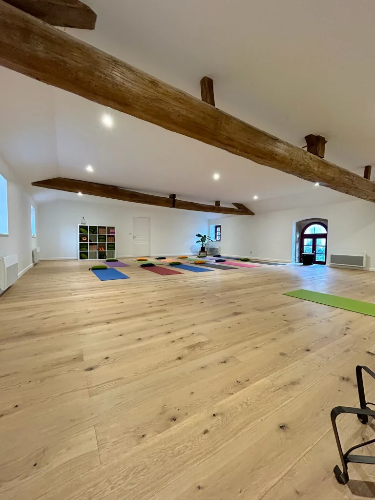 Grande salle au sol effet bois clair, poutres apparentes et tapis colorés