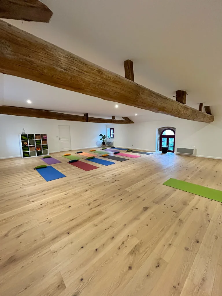 Grande pièce au sol effet bois clair, avec poutres apparentes et tapis colorés